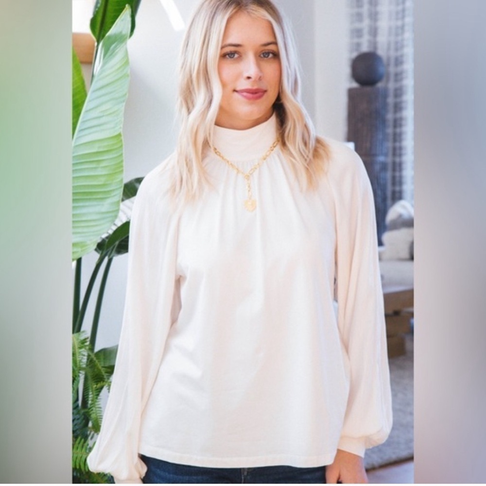 New L SANCTUARY Sateen mixed media Cream Mock neck shabby chic workwear top
